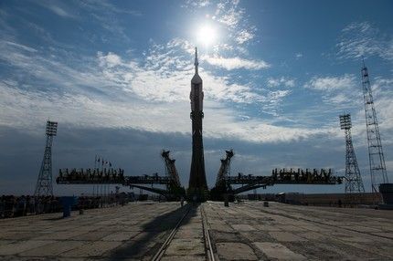 The Soyuz TMA-17M spacecraft is raised into position on the launch pad Monday, July 20, 2015 at the Baikonur Cosmodrome in Kazakhstan. Launch of the Soyuz rocket is scheduled for July 23 Baikonur time and will carry Expedition 44 Soyuz Commander Oleg Kononenko of the Russian Federal Space Agency (Roscosmos), Flight Engineer Kjell Lindgren of NASA, and Flight Engineer Kimiya Yui of the Japan Aerospace Exploration Agency (JAXA) into orbit to begin their five month mission on the International Space Station. Photo Credit: (NASA/Aubrey Gemignani)